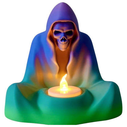 Hooded Skeleton LED Tea Light Holder – Grim Reaper Style 3D Printed Candle Cover for Gothic, Fantasy & Halloween Decor – Battery Candle Not Included – 3D Printed in Canada