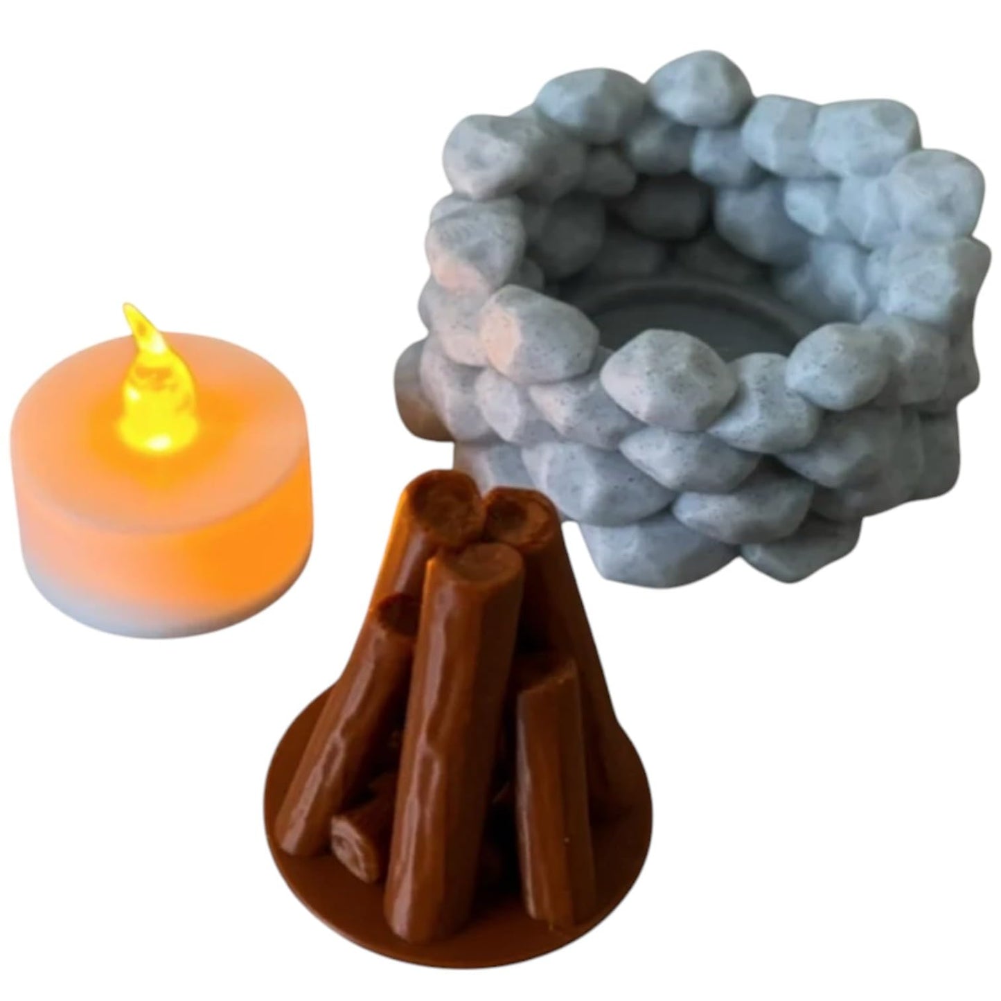 Mini Campfire LED Light Cover – Rustic 3D Printed Tea Light Holder with Faux Logs and Stone Ring – Battery Candle Not Included – 3D Printed in Canada