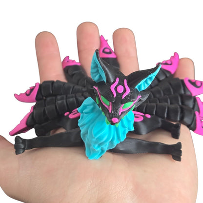 Neon Eclipse Nine-Tailed Kitsune Figurine – Articulated Celestial Fox Spirit with Magenta Swirls & Cyan Glow Accents – Cosmic Fantasy Display Piece – 3D Printed in Canada