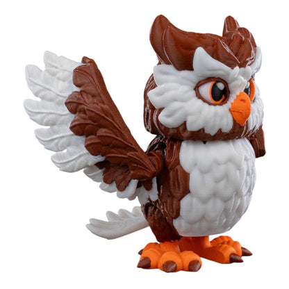 Articulated Owl Figurine with Poseable Wings – Brown and White 3D Printed Bird Sculpture – Collectible Desk Toy for Teens & Adults – 3D Printed in Canada
