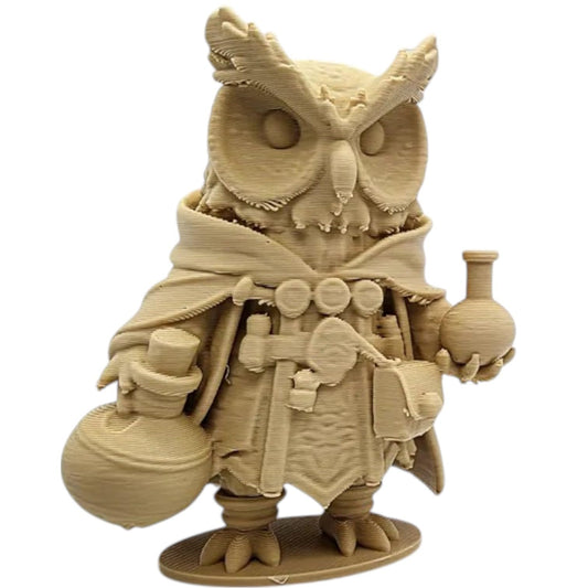 Owl Alchemist Figurine with Cloak & Potion Bottles – Magical Desktop Collectible – 3D Printed in Canada