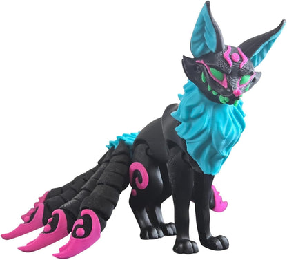 Neon Eclipse Nine-Tailed Kitsune Figurine – Articulated Celestial Fox Spirit with Magenta Swirls & Cyan Glow Accents – Cosmic Fantasy Display Piece – 3D Printed in Canada
