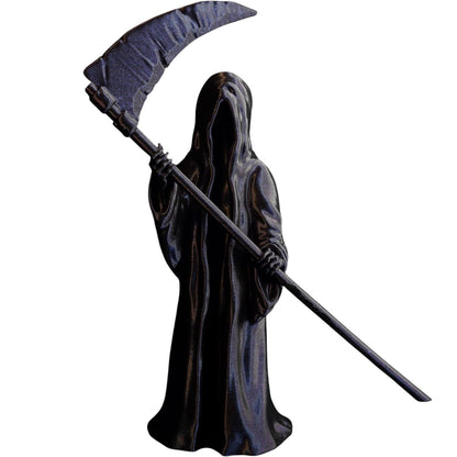 Grim Reaper Figurine with Scythe – Gothic Skeleton Statue for Desk, Shelf or Halloween Display – Matte Black Death Collectible for Horror Decor – 3D Printed in Canada
