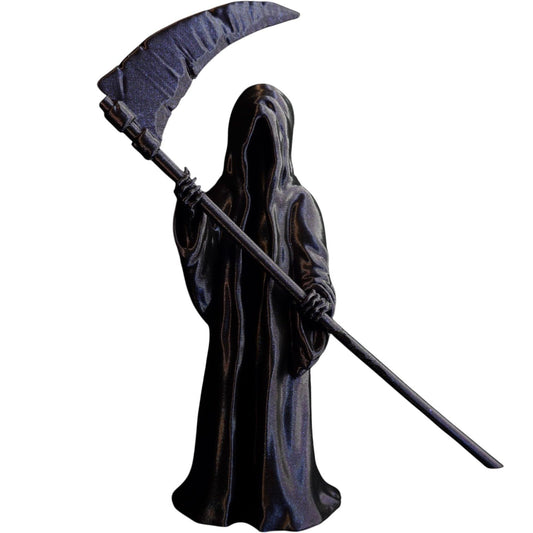 Grim Reaper Figurine with Scythe – Gothic Skeleton Statue for Desk, Shelf or Halloween Display – Matte Black Death Collectible for Horror Decor – 3D Printed in Canada