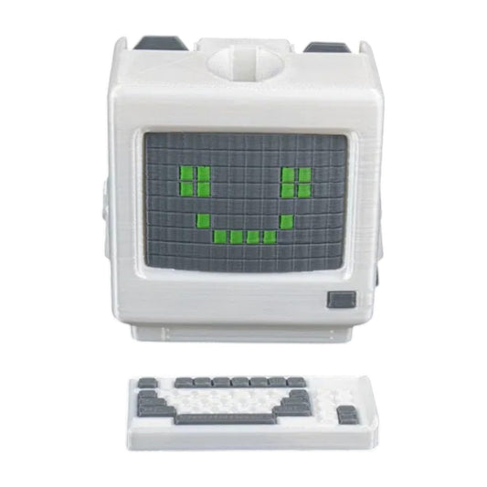 Retro Robot Figurine – Ramble The Computer Bot – Articulated Collectible with 3D Pixel Face & Detachable Keyboard – Desk Toy, Display Piece & Fidget – 3D Printed in Canada