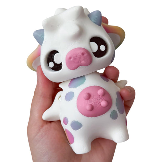 Cow Pixie Figurine – Cute Fantasy Cow with Rainbow Ears & Kawaii Spots – Pastel Desk Decor or Collectible Gift for Teens & Adults – 3D Printed in Canada