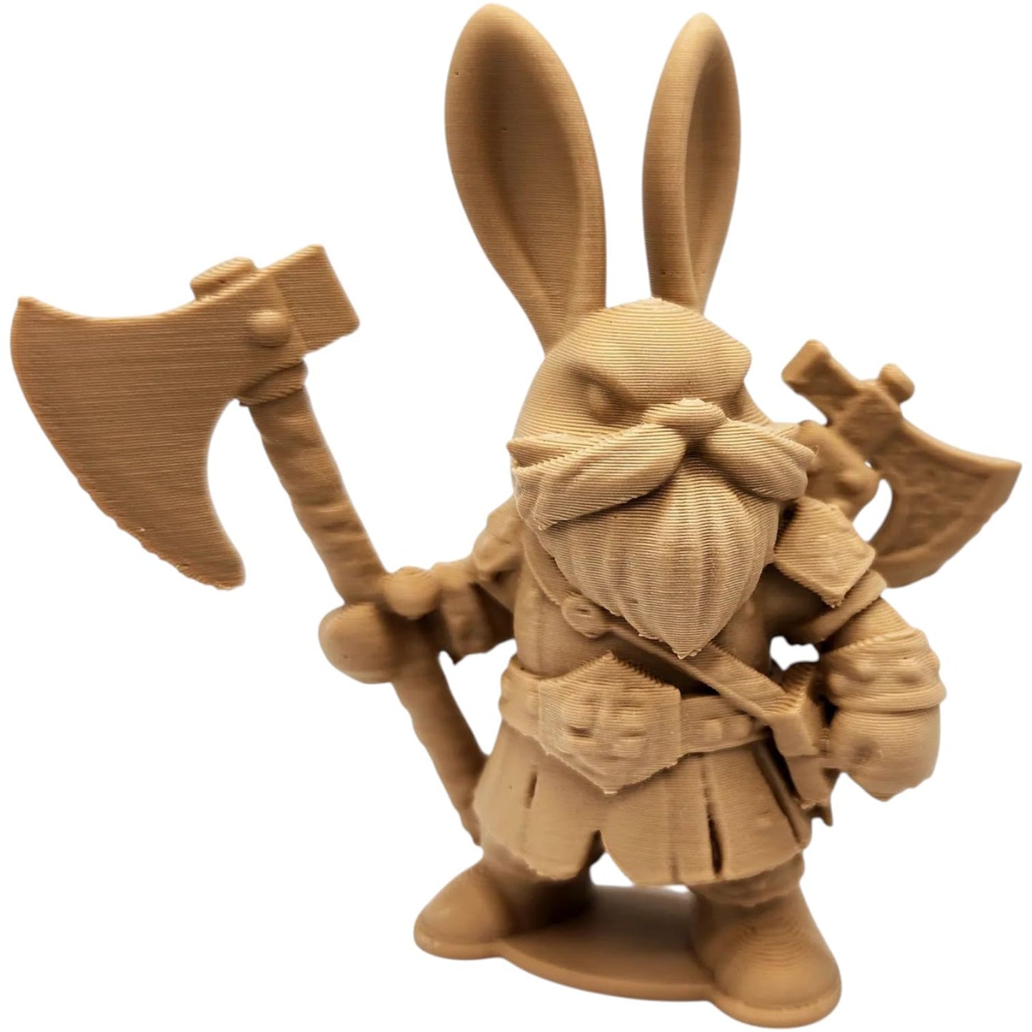 Bunny Axeman Figurine with Battle Gear – Wood-Style 3D Printed Fantasy Warrior Rabbit Miniature – 3D Printed in Canada