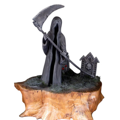Grim Reaper Figurine with Scythe – Gothic Skeleton Statue for Desk, Shelf or Halloween Display – Matte Black Death Collectible for Horror Decor – 3D Printed in Canada