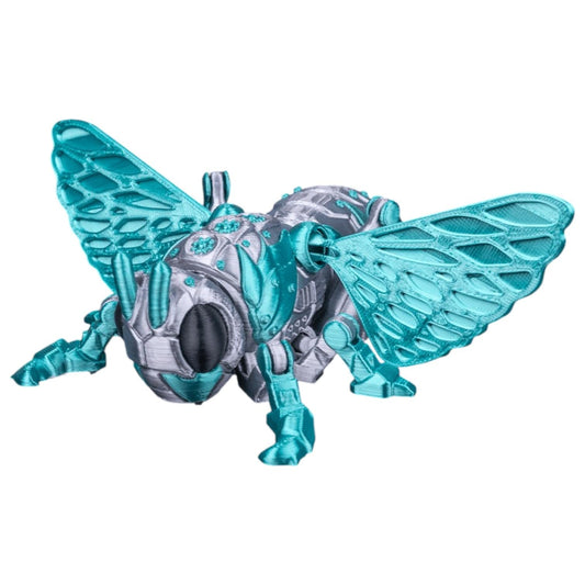 CR1-K37 SonicLeaper Robotic Cicada Figurine – Futuristic Mech Bug Model with Teal Wings and Segmented Silver Body – 3D Printed in Canada
