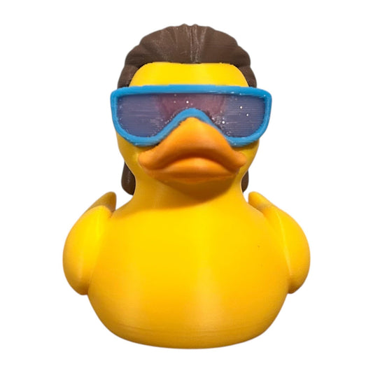 Mullet Duck Figurine – Retro Duck with 80s-Style Sunglasses & Flowing Mullet – Funny Desk Decor or Gift for Nostalgia Fans – 3D Printed in Canada