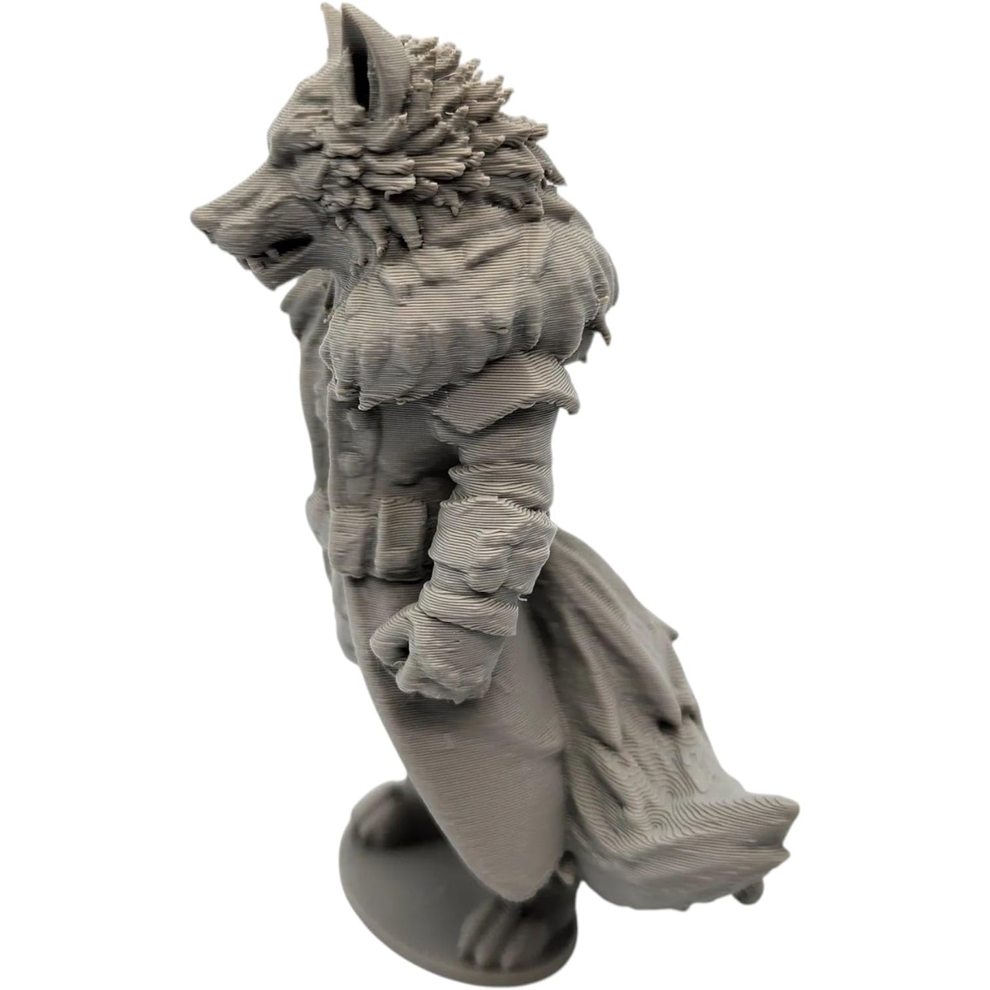 Big Bad Wolf Figurine – Fantasy Werewolf Warrior Statue with Trench Coat – Fierce Display Model or Paintable Miniature – 3D Printed in Canada