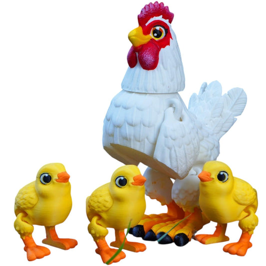 Articulated Hen and Chicks Figurine Set – Poseable 3D Printed Farm Animal Models – Print-in-Place Chicken and Baby Birds for Shelf Display or Collecting – 3D Printed in Canada