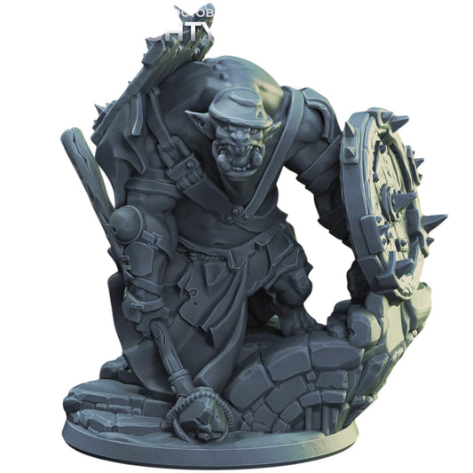 Kneeling Ogre Miniature – Armored Fantasy Ogre with Spiked Shield for Tabletop RPGs & Dioramas – 3D Printed in Canada
