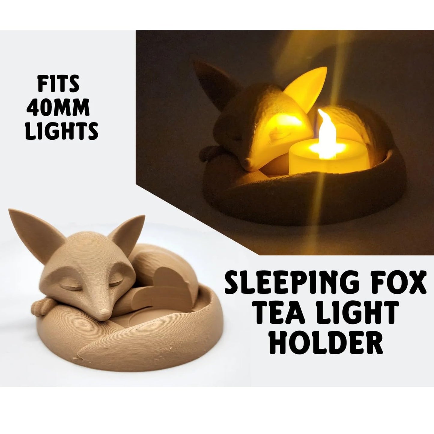 Set of 2 Sleeping Fox Tea Light Holders – Cozy Woodland Candle Base Duo for LED Lights – 3D Printed in Canada