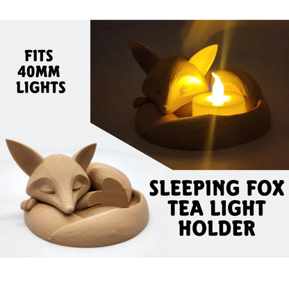Set of 2 Sleeping Fox Tea Light Holders – Cozy Woodland Candle Base Duo for LED Lights – 3D Printed in Canada