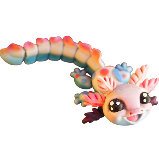 Set of 3 Articulated Baby Axolotl Figurines – Rainbow Gradient Cute Desk Pets & Fidget Collectibles – 3D Printed in Canada