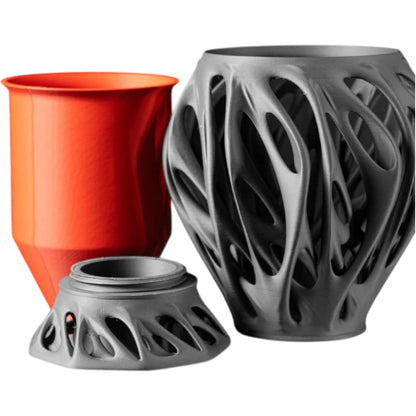 Black Sculptural Planter Pot with Organic Cutout Shell & Red Inner Core – Mantis-Inspired Indoor Statement Piece – 3D Printed in Canada