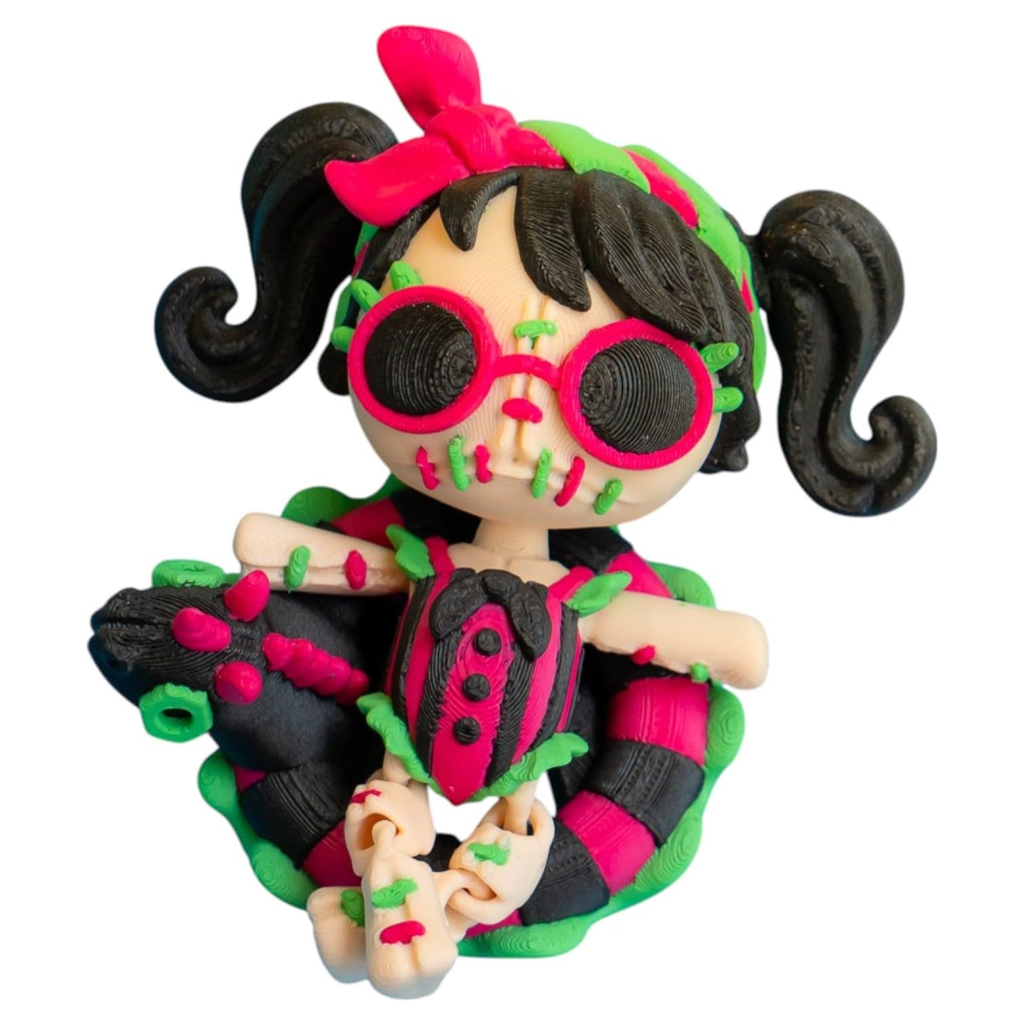 Twisty Sand & Waves Doll – Bold Day of The Dead Inspired Figurine with Braided Snake Base, Gothic Décor Accent, Vibrant Colors – 3D Printed in Canada
