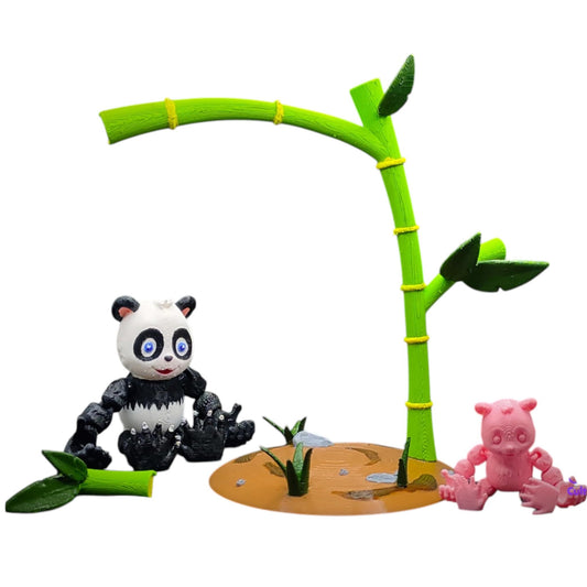 3D Printed Panda Figurine with Bamboo & Base – Paintable Articulated Animal Model Set for DIY Crafts, Shelf Displays & Dioramas – 3D Printed in Canada
