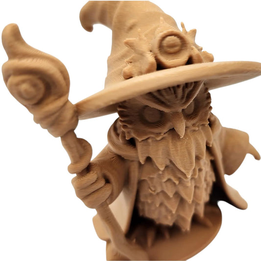 The Wizard Owl Figurine – Classic Fantasy Owl with Hat, Beard & Magic Staff – Owls & Dragons Collection – Paintable Display Miniature – 3D Printed in Canada