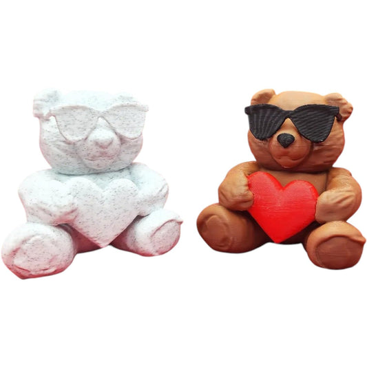 Sunglasses Bear Figurines – Set of 2 Cute Bears Holding Hearts with Shades, Gift-Ready Animal Décor – 3D Printed in Canada