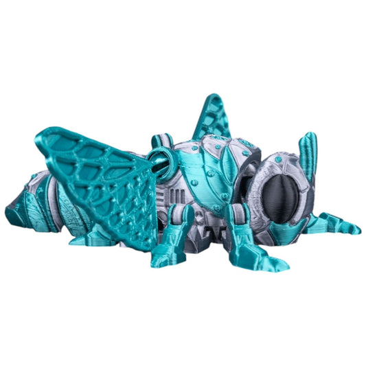 CR1-K37 SonicLeaper Robotic Cicada Figurine – Futuristic Mech Bug Model with Teal Wings and Segmented Silver Body – 3D Printed in Canada