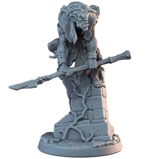 Perched Goblin Scout Miniature with Spear on Ruins for Fantasy RPGs, Dioramas & Painting – 3D Printed in Canada