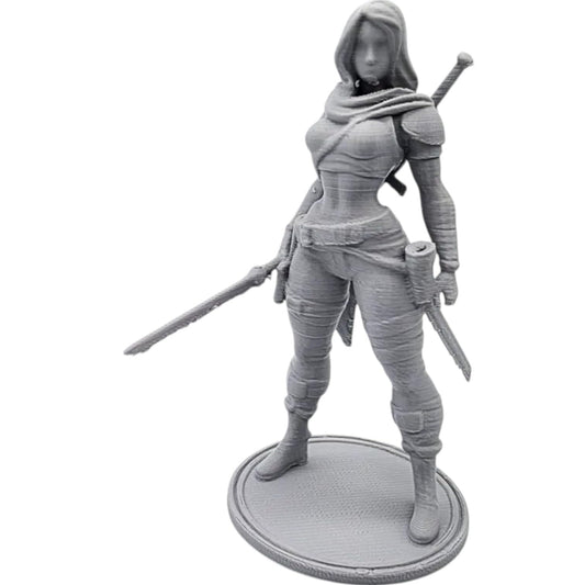 Female Swordmaster Figurine – Dual-Wielding Warrior Sculpture for Fantasy Displays, Dioramas & Painting – 3D Printed in Canada