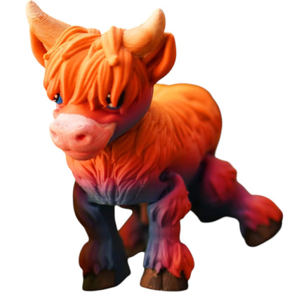 Highland Cow Figurine – Articulated Cute Cow Model with Textured Hair & Poseable Legs – Print-in-Place, No Supports Needed – 3D Printed in Canada