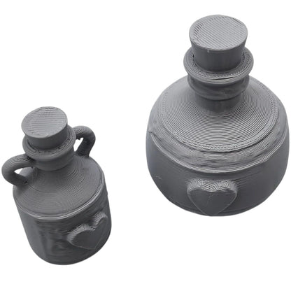 Pair of Miniature Healing Potion Bottles – Fantasy RPG Prop Bottles with Heart Emblems for Dioramas, Displays & Tabletop Gaming – 3D Printed in Canada
