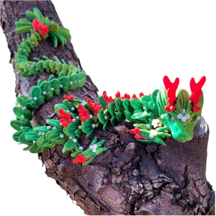 Mistletoe Dragon – Holiday Articulated Figurine for Desk or Shelf Display, Red & Green Collectible – 3D Printed in Canada