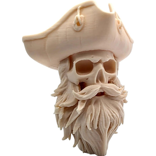 Bearded Pirate Skull Statue – Tricorn Hat Skull Bust with Flowing Beard, Nautical Gothic Décor for Shelf or Collector Display – 3D Printed in Canada