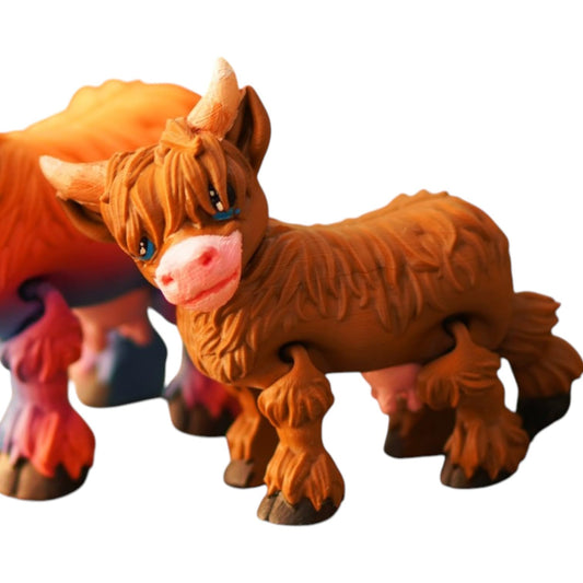 Highland Cow Figurine – Articulated Cute Cow Model with Textured Hair & Poseable Legs – Print-in-Place, No Supports Needed – 3D Printed in Canada