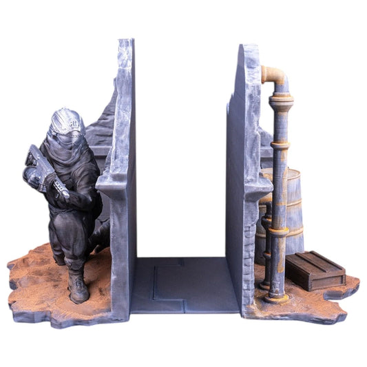 End of The Line Bookend – Sci-Fi Tactical Bookshelf Organizer – Dystopian Soldier Book Holder – 3D Printed in Canada