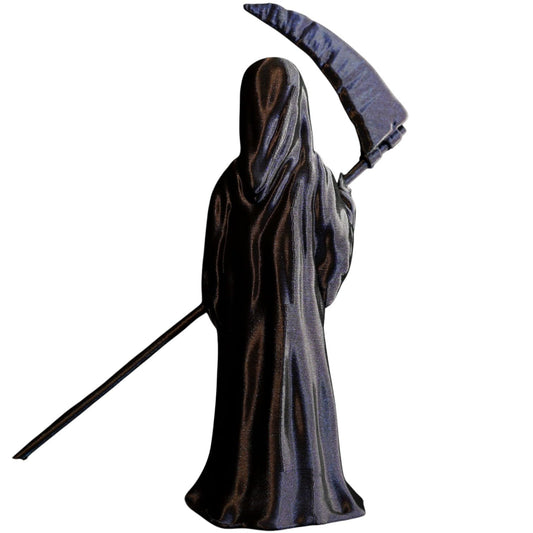 Grim Reaper Figurine with Scythe – Gothic Skeleton Statue for Desk, Shelf or Halloween Display – Matte Black Death Collectible for Horror Decor – 3D Printed in Canada