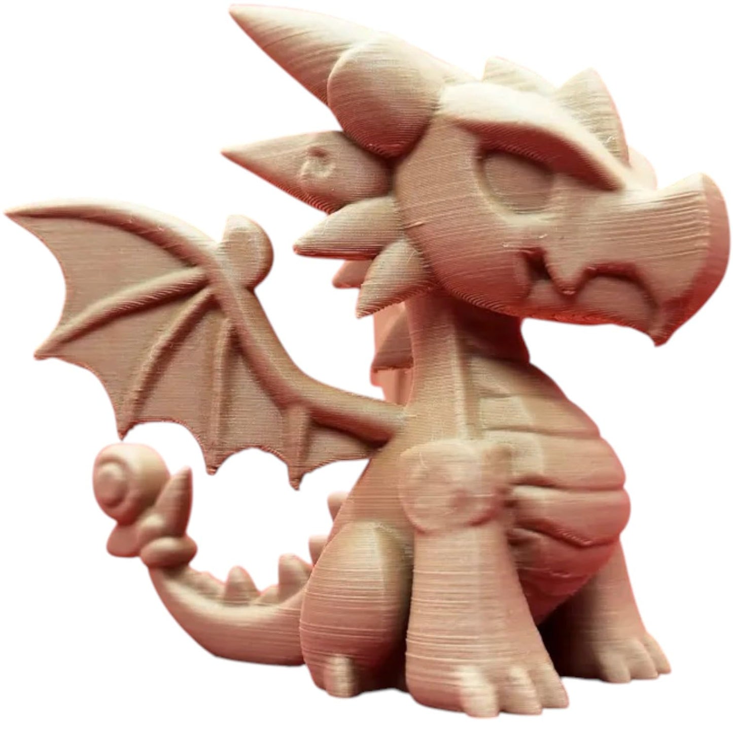 Wood-Carved Dragon Toy #1 – Playful Fantasy Figurine with Spiral Tail & Rounded Wings – Cute Desk or Shelf Decor – 3D Printed in Canada
