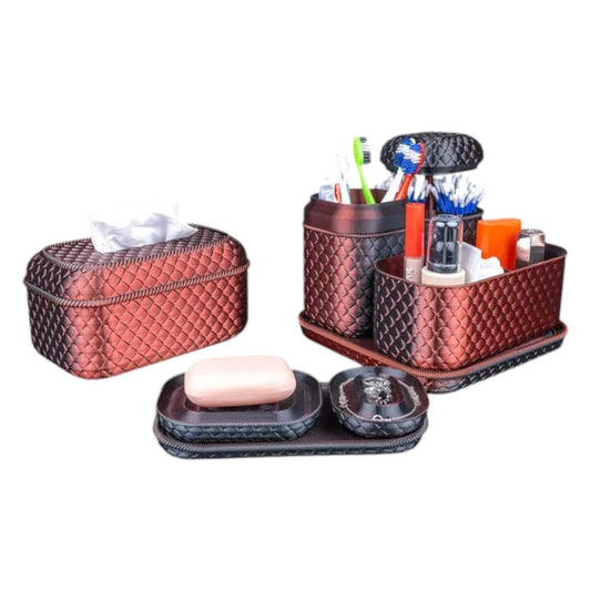 Steamy Scales Bathroom Organizer Set – Red & Black Embossed Vanity Storage Kit with Toothbrush Holders, Tissue Box & Soap Tray – 3D Printed in Canada