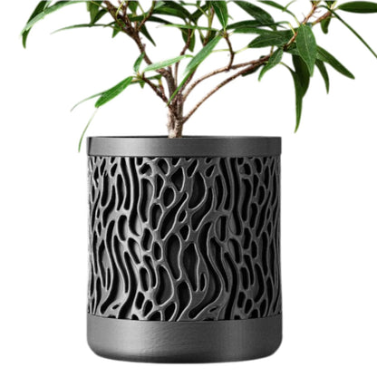 Wall-Mounted Planter Pot with Organic Lattice Design – Modern Black Indoor Plant Holder with Drainage & Reservoir – 3D Printed in Canada