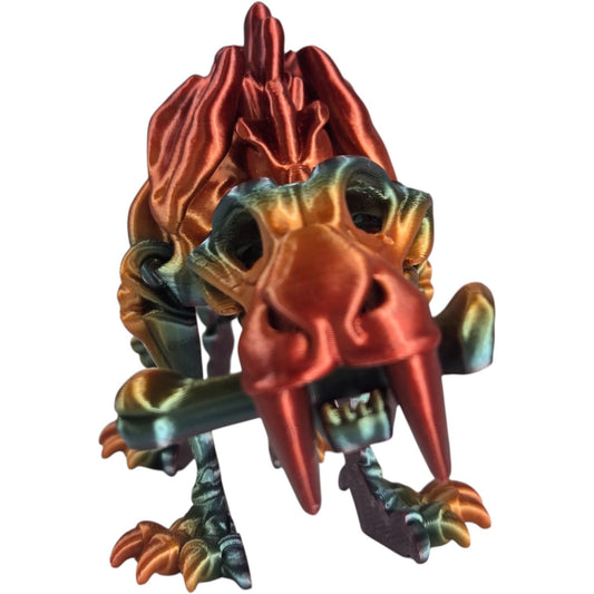 Articulated Skeleton Saber Tooth Tiger Figurine – Flexible Dinosaur Fossil Fidget Decor in Rainbow Multicolor – 3D Printed in Canada