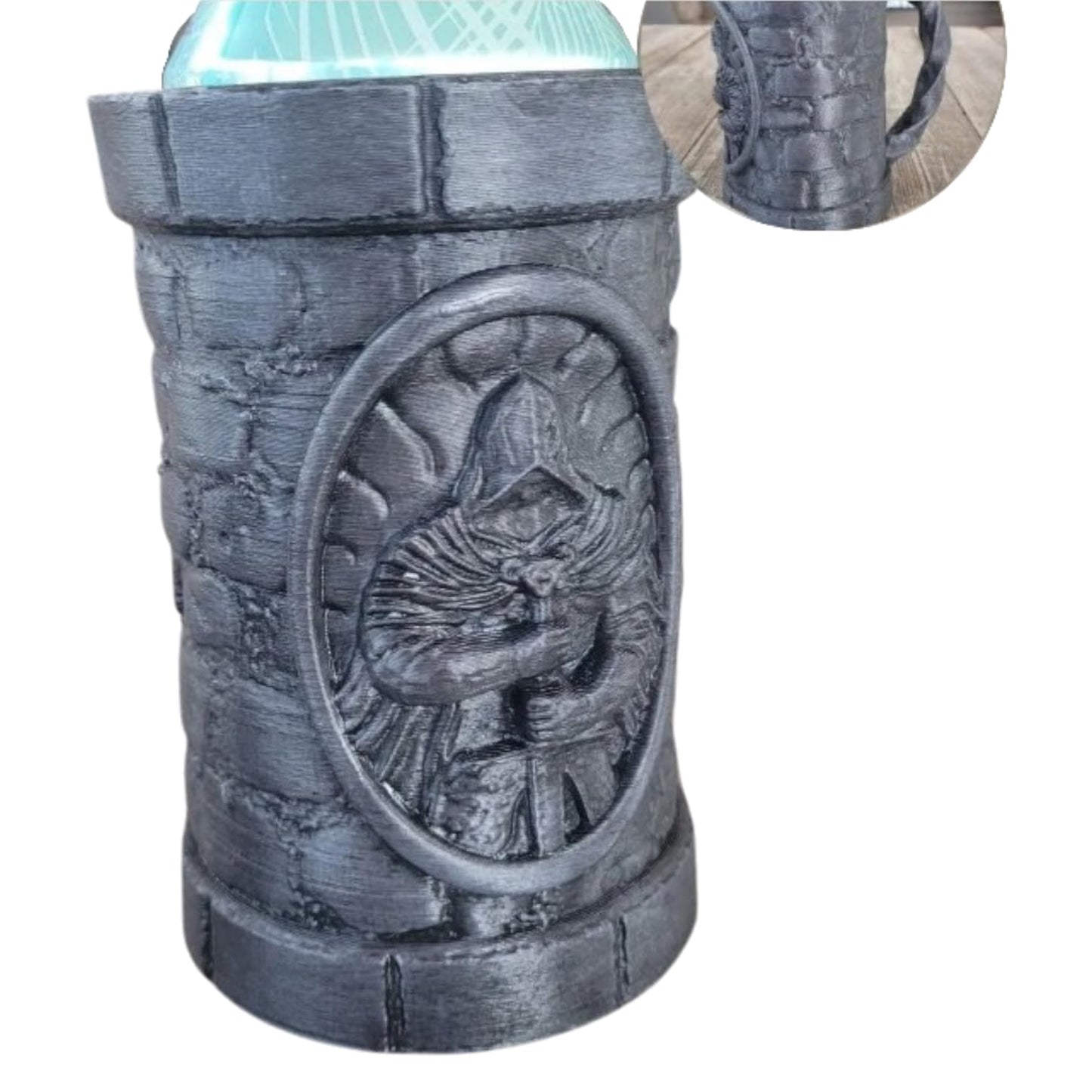 Crusader Can Holder with Medieval Wall Texture & Wrought Iron-Style Handle – Fantasy Drink Sleeve for 12oz Cans – 3D Printed in Canada