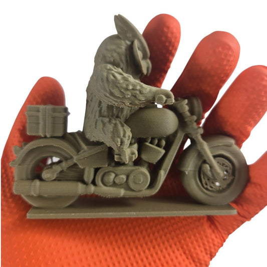 Night Biker Owl Figurine – Fantasy Motorcycle Statue – Badass Desk Ornament or Painting Miniature – Unique Owl on Bike Model – 3D Printed in Canada