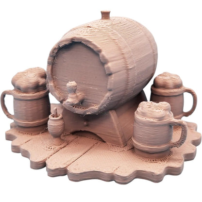 Beer Barrel with Mugs Miniature – Tavern Accessory for Fantasy Tabletop RPGs & Dioramas – 3D Printed in Canada