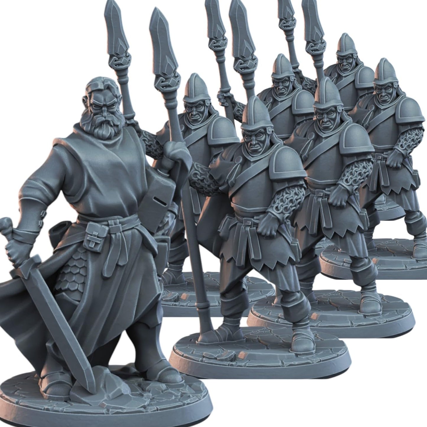 Set of 7 RPG Miniatures – Medieval Guards & Bearded Sword Knight for Fantasy Tabletop Battles & Painting – 3D Printed in Canada