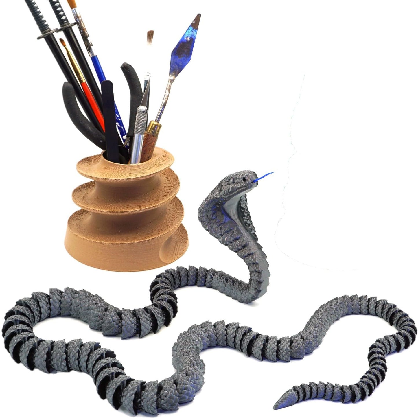 Articulated Cobra Snake with Spiral Pencil Holder – Unique Desk Organizer & Flexible Fidget Display – 3D Printed in Canada