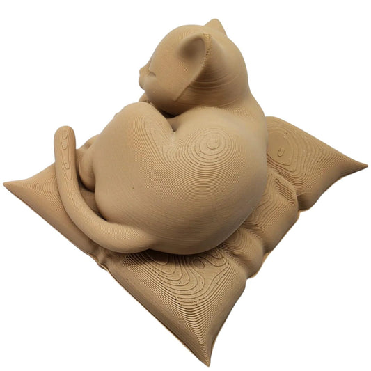 Sleeping Cat Figurine on Pillow – Wood-Style 3D Printed Cute Cat Sculpture for Shelf, Desk, or Pet Memorial Display – 3D Printed in Canada