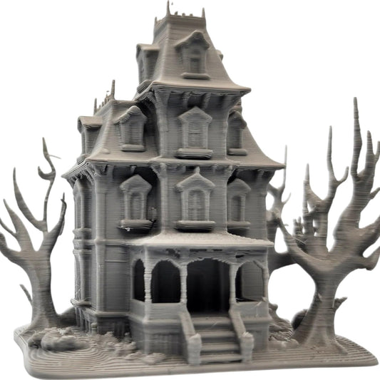 Spooky Mansion Miniature – Haunted House Terrain Model with Twisted Trees for Tabletop RPG, Dioramas, or Display – 3D Printed in Canada