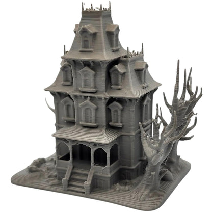 Spooky Mansion Miniature – Haunted House Terrain Model with Twisted Trees for Tabletop RPG, Dioramas, or Display – 3D Printed in Canada