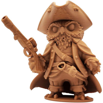The Pirate Owl Wood Figurine – Fantasy Owl Buccaneer with Tricorn Hat & Flintlock Pistol – Owls & Dragons Collection – Paintable Miniature for Display or Diorama – 3D Printed in Canada