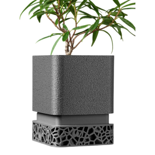Modern Square Planter Pot with Geometric Mesh Base – Matte Black Finish for Indoor Plants & Contemporary Home Decor – 3D Printed in Canada