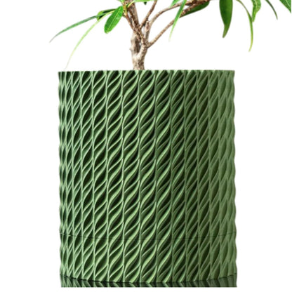 Textured Green Planter Pot with Flowing Twist Pattern – Modern Cylinder for Indoor Houseplants, Succulents & Herbs – 3D Printed in Canada
